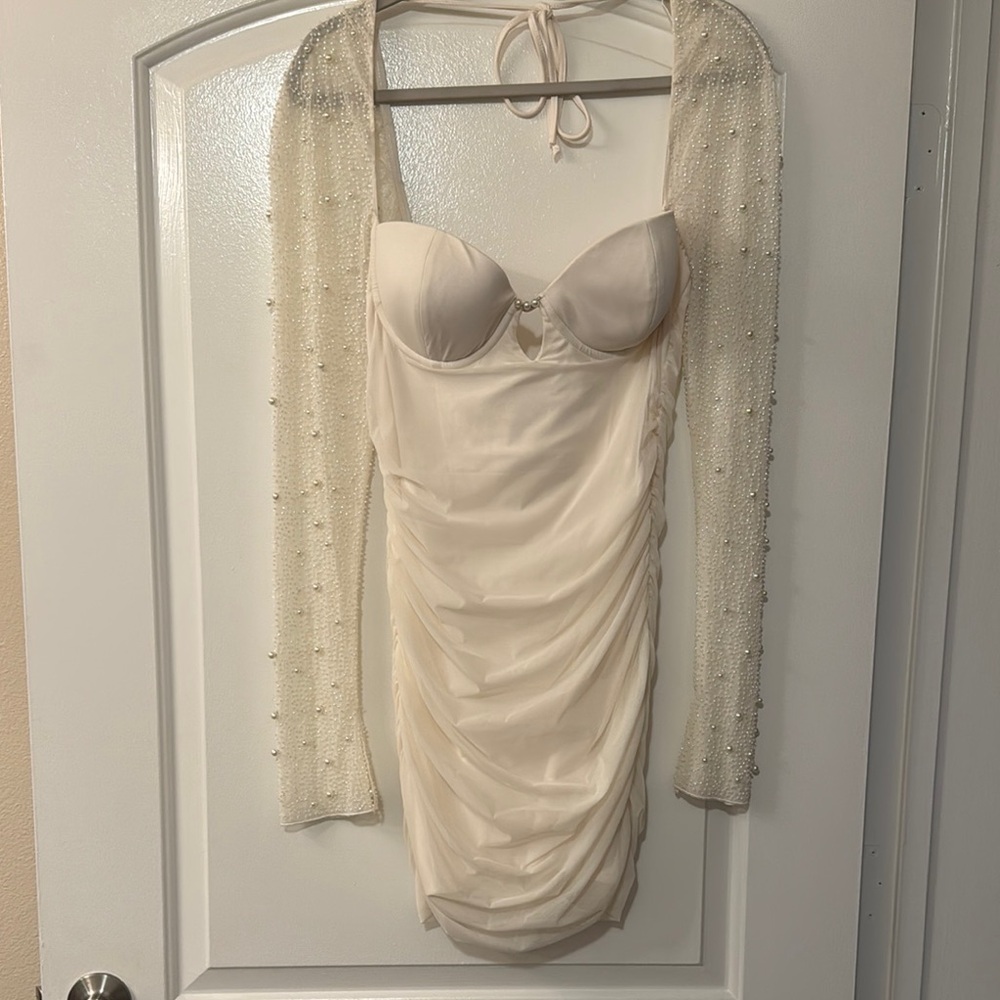 Elegant Cream Dress with Beaded Sleeves